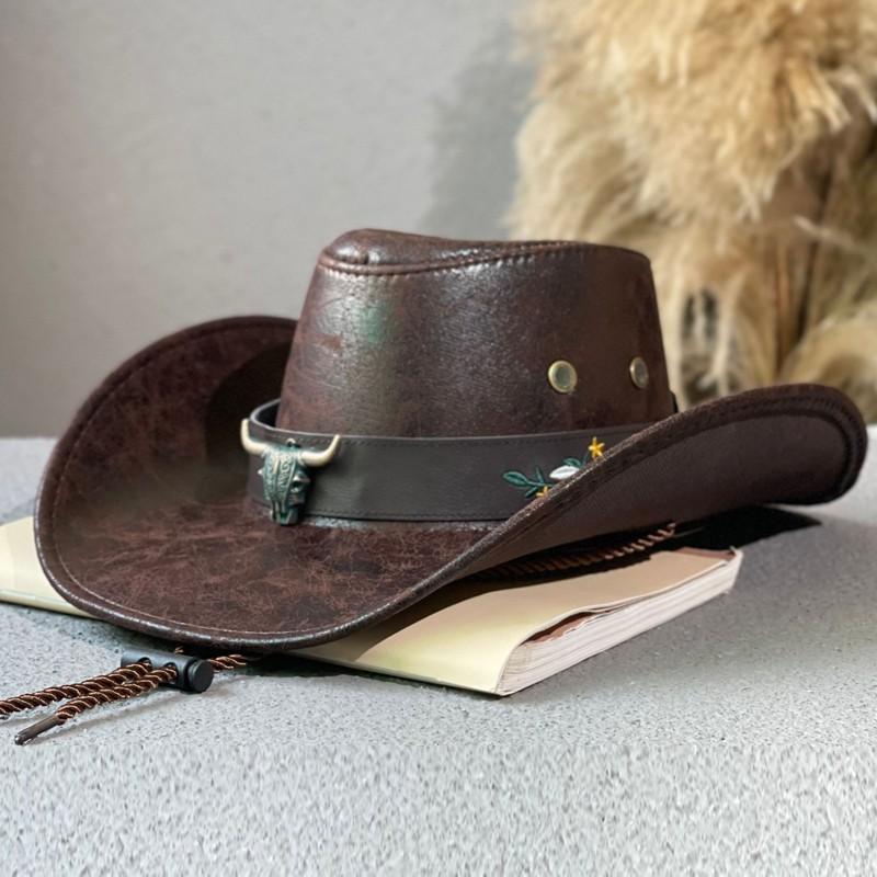 

Fashion Cow Head Decorate Western Cowboy Hat Faux Leather Vintage Gentleman Jazz Hats For Men Panama Cowgirl Hat 56-58CM