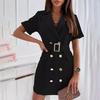 Summer Women Casual Short Sleeve High Waist A-Line Dress Solid Color Double Breasted Suit Collar Above Knee Belt Spring Dresses