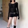 Mesh Long Sleeve Women Black T-shirts Vintage Streetwear Casual Slim Up Solid Tops Bottoming Shirt