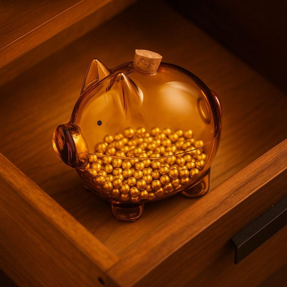 Visible Coins Saving Box Transparent Glass Money Jar Golden Beans Container  Desktop Use