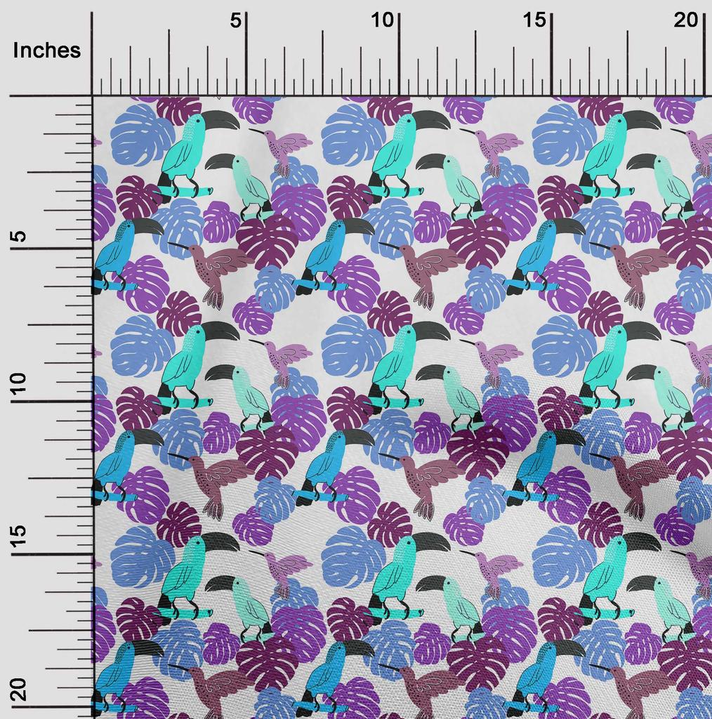 oneOone Cotton Flex Aqua Blue Fabric Tropical Floral with Birds Fabric for Sewing Printed Craft Fabric by The Yard 40 Inch