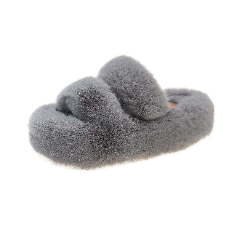 Mao Mao slippers women's autumn and winter outer wear warm thick-soled one-word slippers plush drag casual double-belt cotton slippers