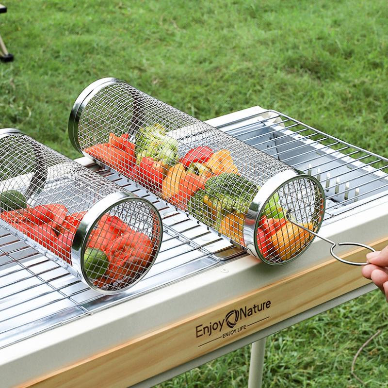 BBQ Cooking Grill Outdoor Portable BBQ Grate Cylinder Grilling Baskets for Outdoor Camping Picnic Cookware Rack BBQ Tools