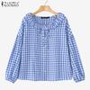 ZANZEA Women Casual Doll Collar Retro Grid Print Long Sleeve Blouse