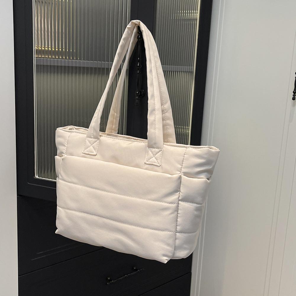 

Large Capacity Down Cotton Shoulder Bag Korean Style Nylon Handbag Casual Puffy Bag Autumn Winter білий