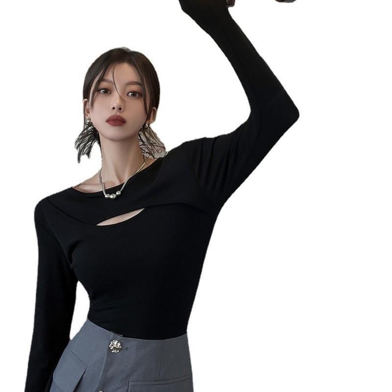 Hollow Long-sleeved T-shirt Women's Autumn New Hot Girl Sexy Slim Design Base Shirt Student Top