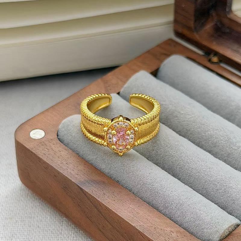 Medieval Vintage Pink Zircon Colored Treasure Open Ring Niche Light Luxury High Sense Stacked With Diamond Rings Woman