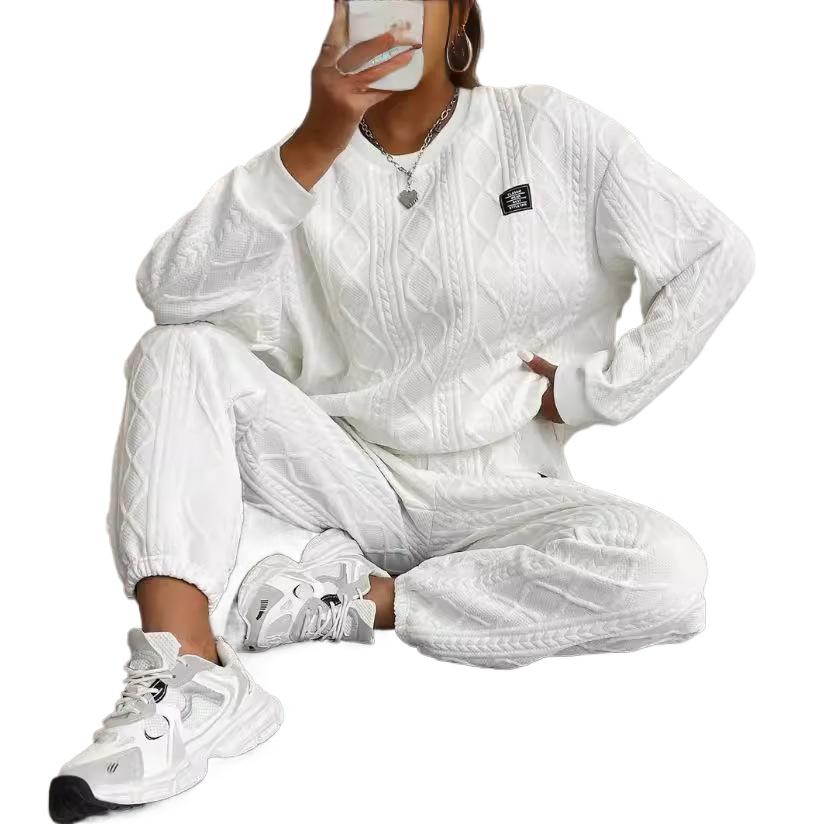 Women's Sports Set 2-piece, Solid Color Oversized Round Neck Sports Shirt and Pants Set, Pullover Casual Set