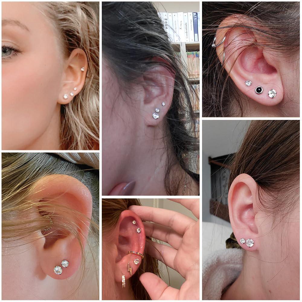 1 Pair Rose Gold Hypoallergenic 316L Stainless Steel White Cubic Zirconia CZ Stud Earrings Size 3-8mm