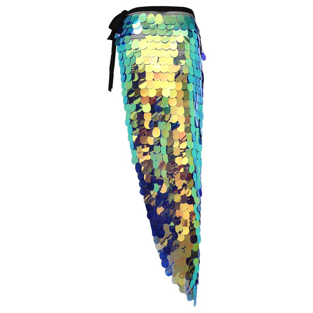 Womens Sparkly Sequin Hip Skirt Belly Dance Costume Lace Up Mermaid Scarf Wrap Halloween Festival Wear