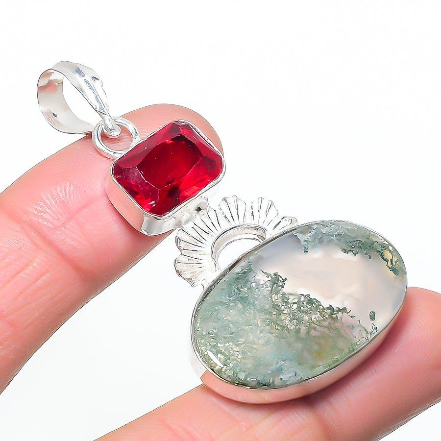 Natural Moss Agate, Garnet 925 Sterling Silver Jewelry Pendant 2.29 AP-14597