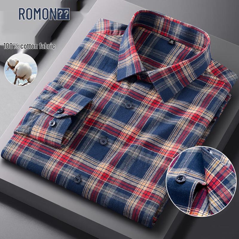 Romon Men s Brushed Cotton Plaid Long Sleeve Casual Shirt 43