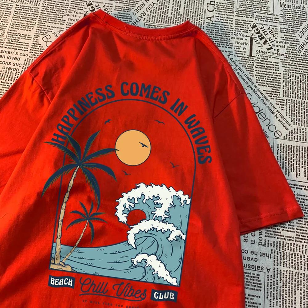 Happy to Wave printed men's T-shirt Clothing Fashion Loose top 100% cotton Creative casual T-shirt pattern loose T-shirt couple