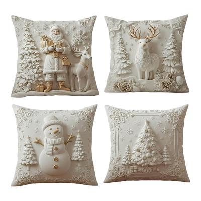 Christmas Cushion Covers Set Of 4 3d Visual Effect Soft White Christmas Throw Pillow Covers Snowman Night Pillowcase Silk