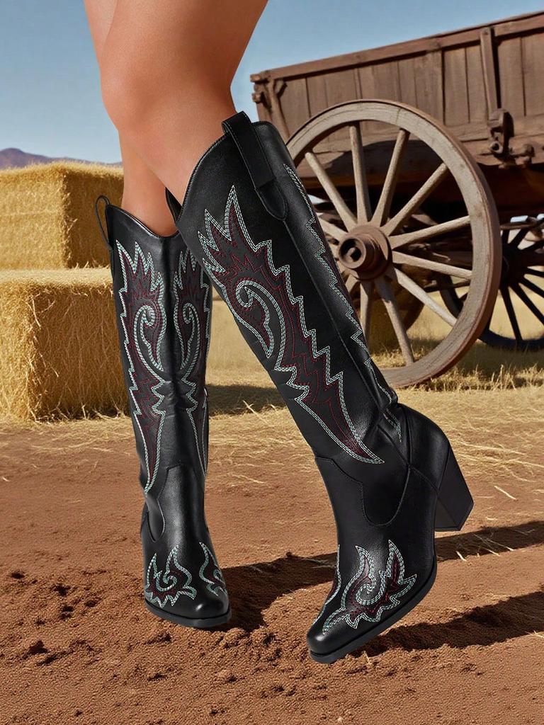 New Women's Western Cowgirl Boots Embroidered Pointed Toe Chunky Heel Cowboy Mid-Calf Boots Fashion Elegant Riding Outdoor Shoes