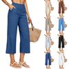 Women Loose Fit Cropped Pants with Pockets Button Decor Comfortable Wide Leg Trousers Casual Elastic Waistband Design