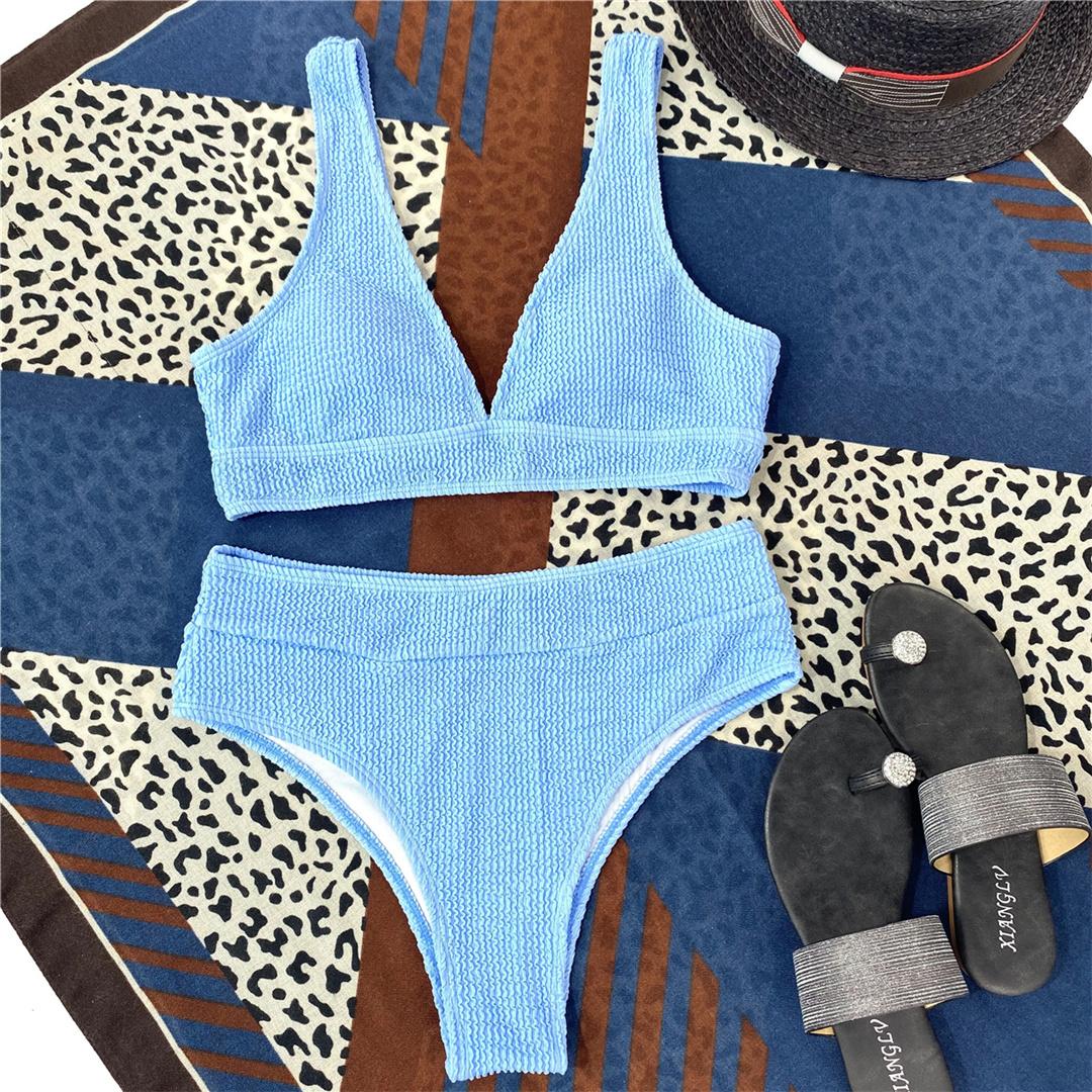 

мода морщинистый гофрированный женский купальник с V-образным вырезом и высокой талией бикини женские купальники из двух частей комплект бикини купальный костюм купальный костюм плавание S синий