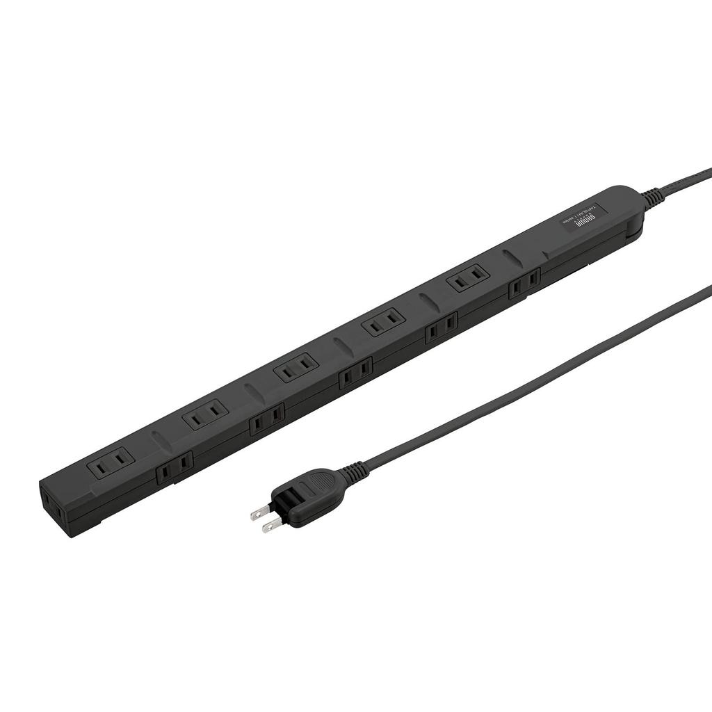Sanwa Supply Power Strip, 11 Outlets, 2P, 2m, Slim, 180° Flexible Cord, Powerful Neo Magnet, Dust Shutter, Fixing Hook, Black, TAP-SLIM11-2BK