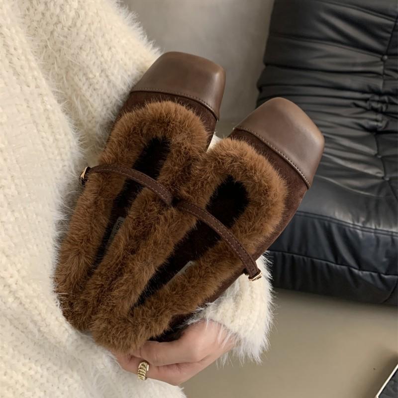 

Меховые туфли женские 2024 осень-зима цветные цепные утепляющие модные тонкие туфли туфли Мэри Джейн с пряжкой в одну линию 35 коричневый