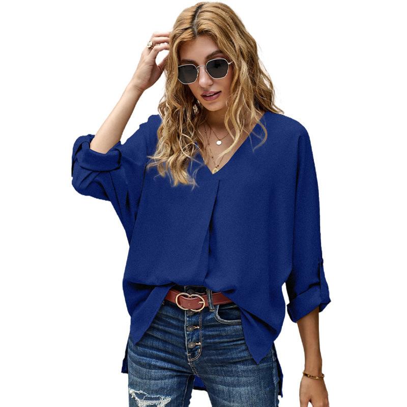 Women's V Neck Three Quarter Sleeve Blouse Loose Fit Office Solid Color High Low Hem Shirt Casual Work Top For Autumn Daily Wear