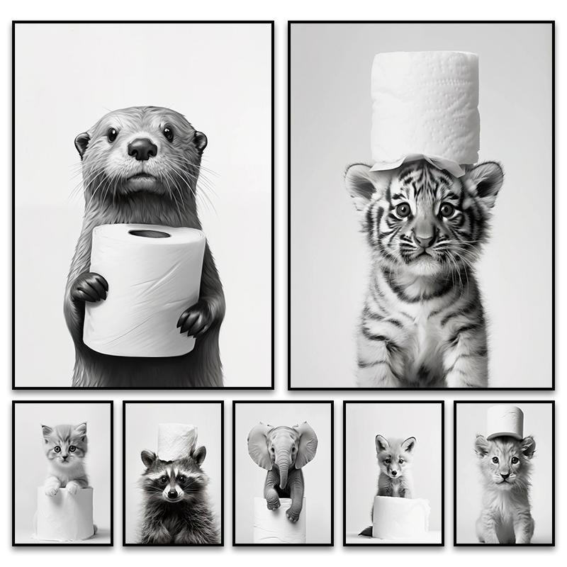 Room Murals Wall Art Poster Otter Cat Tiger Canvas Painting Funny Bathroom Home Decor Cute Animals Toilet Paper Living