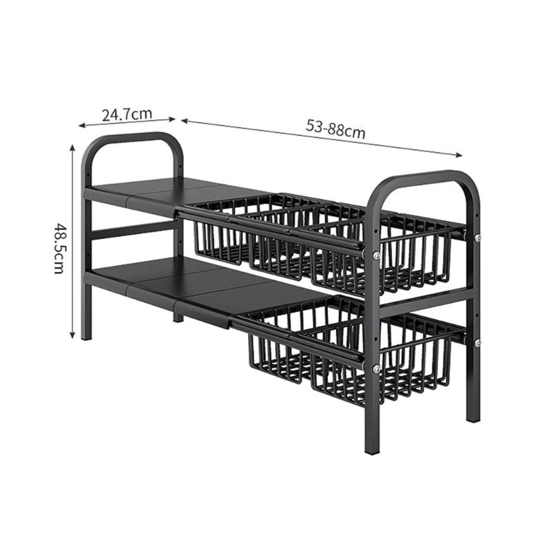 Extendable Two Layer Kitchen Storage Unit With 4 Shelves 4 Baskets Made From Durable Carbon Steel