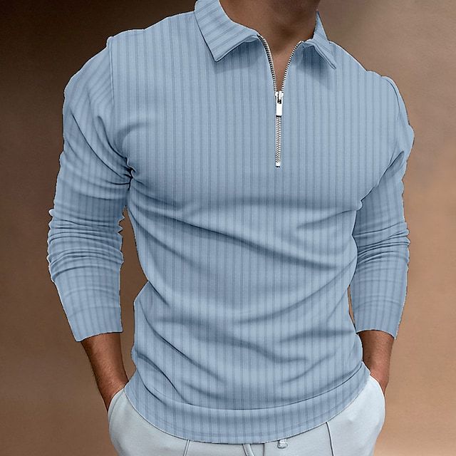 New Polo Shirt with Zipper and Stripes - Long-Sleeved Men's Polo Shirt