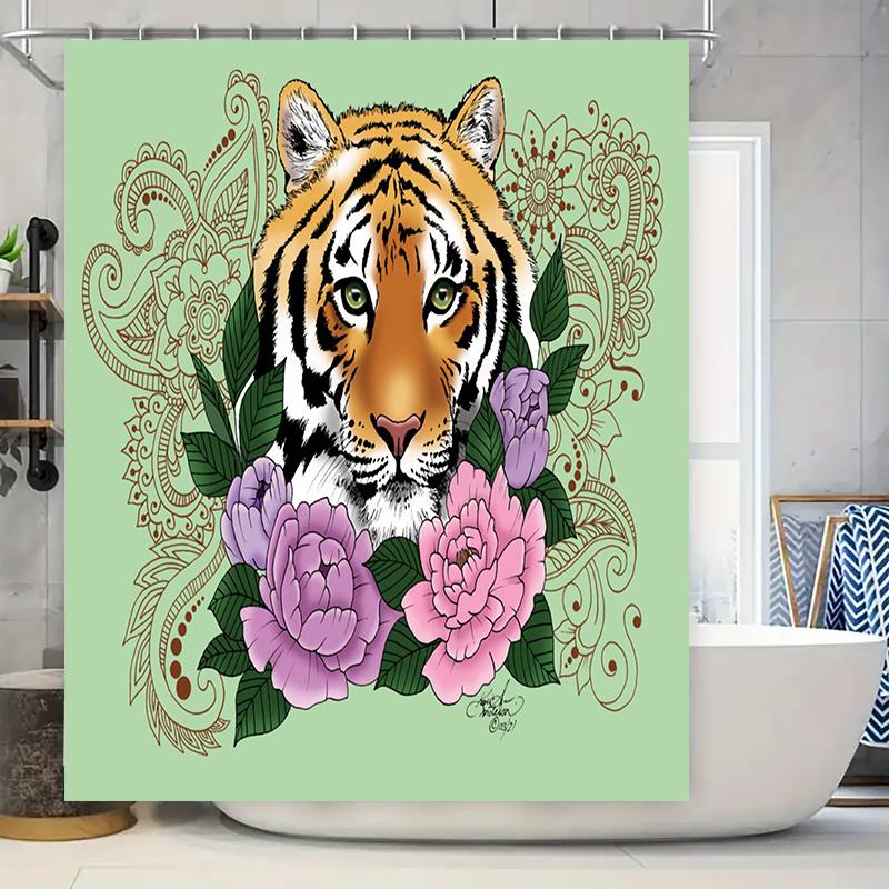

Animal Print Shower Curtain Featuring Tiger Face With Floral Design Green Background W60H190(CM)-1 Pcs
