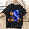 Paw Patrol Chase T-shirt for Children Cartoon Letter A-Z Tee Top Kawaii Round Collar Clothes Fashion Kids Black Clothing Gift