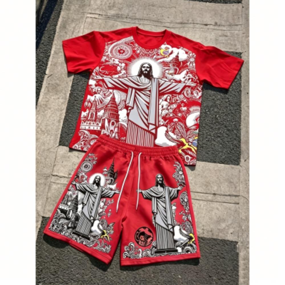 Europe and America Fashion JESUS Printing Outdoor Street Men's T-shirt and Shorts 2 Piece Set Summer Casual Outfit Men's and Women's Sports Set
