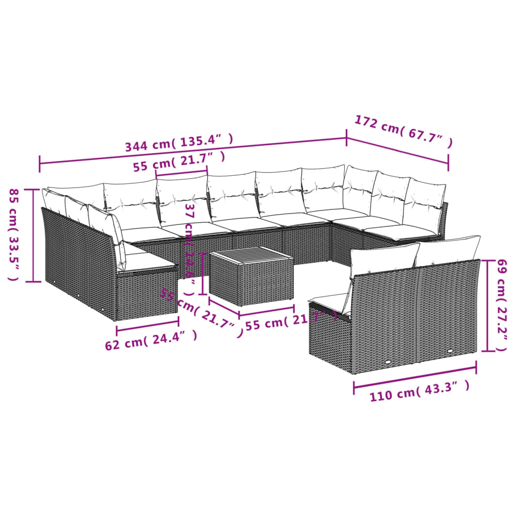 Vidaxl 13-Cz. Garden Furniture Set, Cushions, Black, Rattan PE