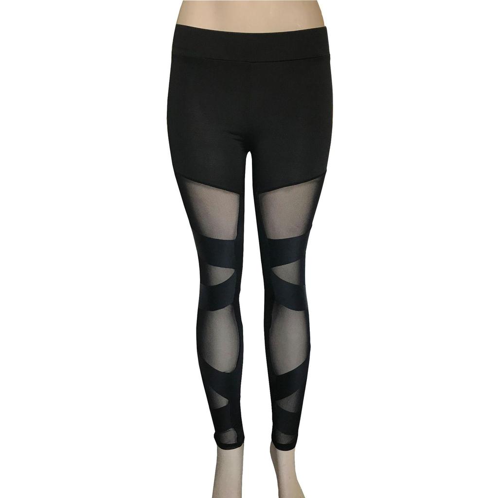 Mesh Seethrough Elastic Crosstie Leggings Patchwork Fitness Pants