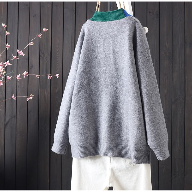Women Sweaters V Neck Long Sleeved Cardigan Jumpers Knit Patchwork Loose Sweater Thick Spliced Elegant Outwear Pockets
