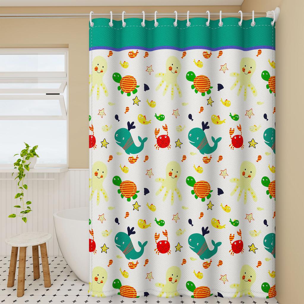 Whimsical Cartoon Print Bath Curtain Set - Durable Polyester Material