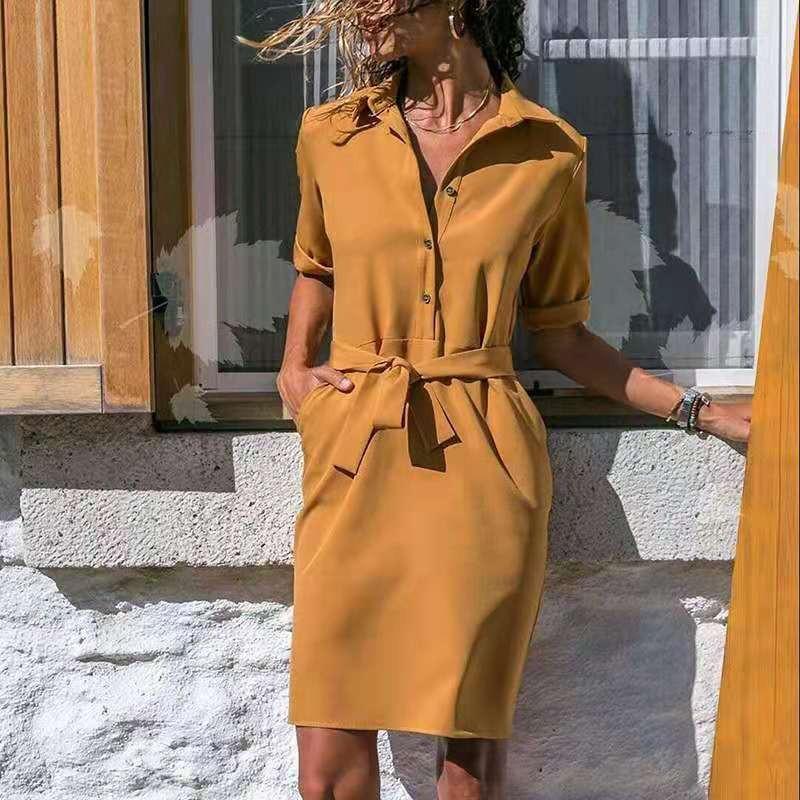 IHUASU Women's Fashion Summer Spring Solid Color Print POLO Neck Long Sleeve Casual Dresses