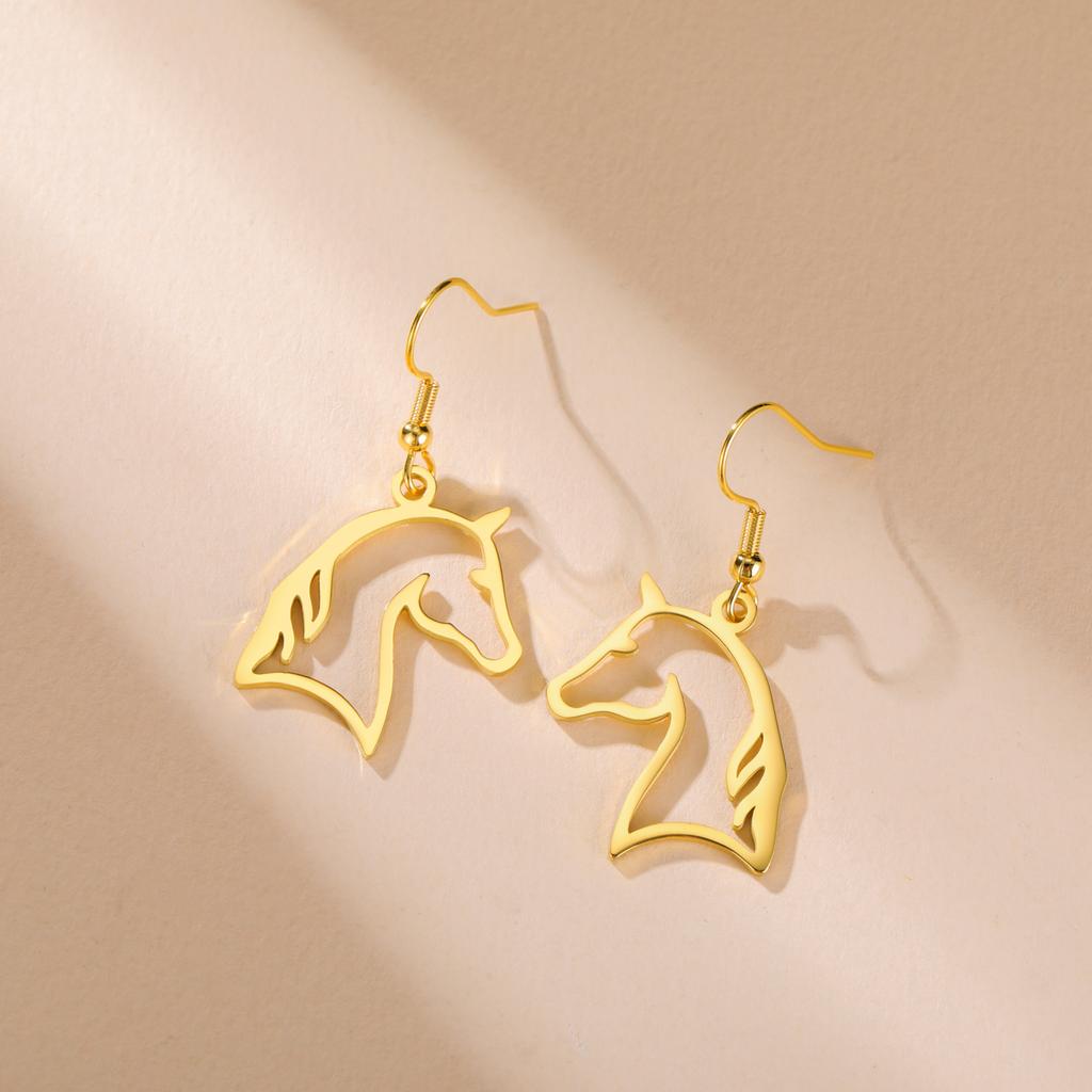 Horse Head Earrings Stainless Steel Jewelry Hollow Animal Pendant for Women Girls Gold Color Zodiac Horse New Year 2026 Trend