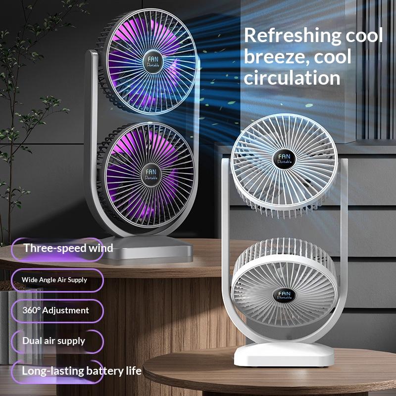HOMEFISH New Dual Head Desktop Fan USB Rechargeable Adjustable Fan for Household Outdoor High Wind Air Circulation Fan