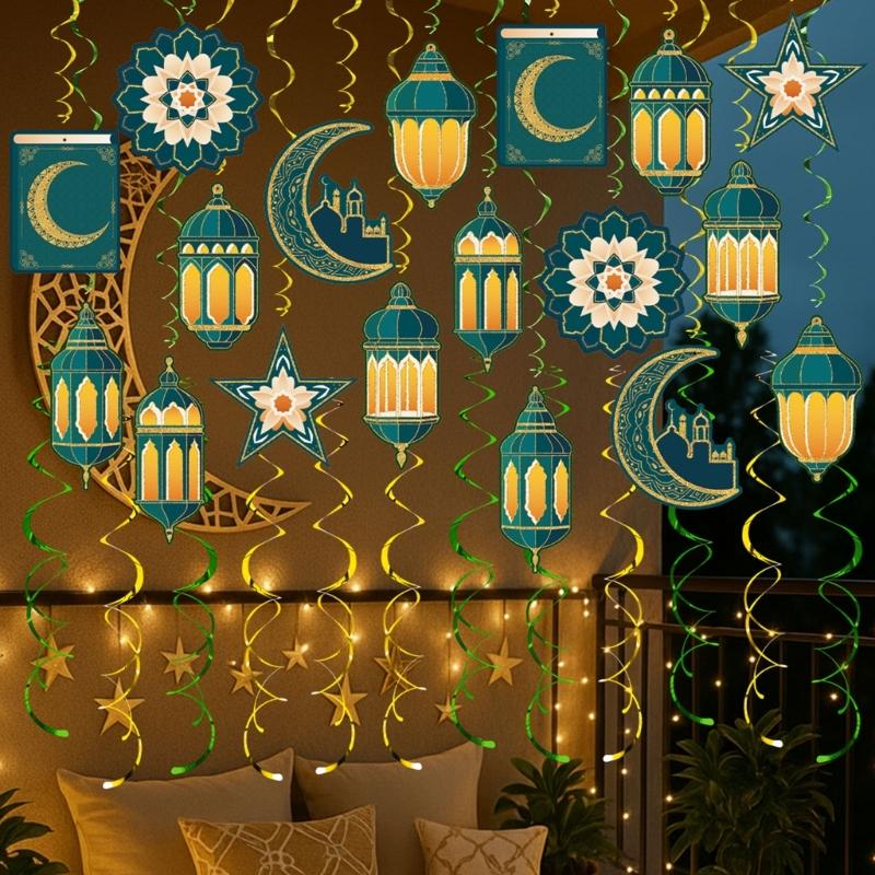 48 Pieces Spirals Party Decoration with Authentic Moon Star Designs Ramadans Accessories for Celebration and Gatherings