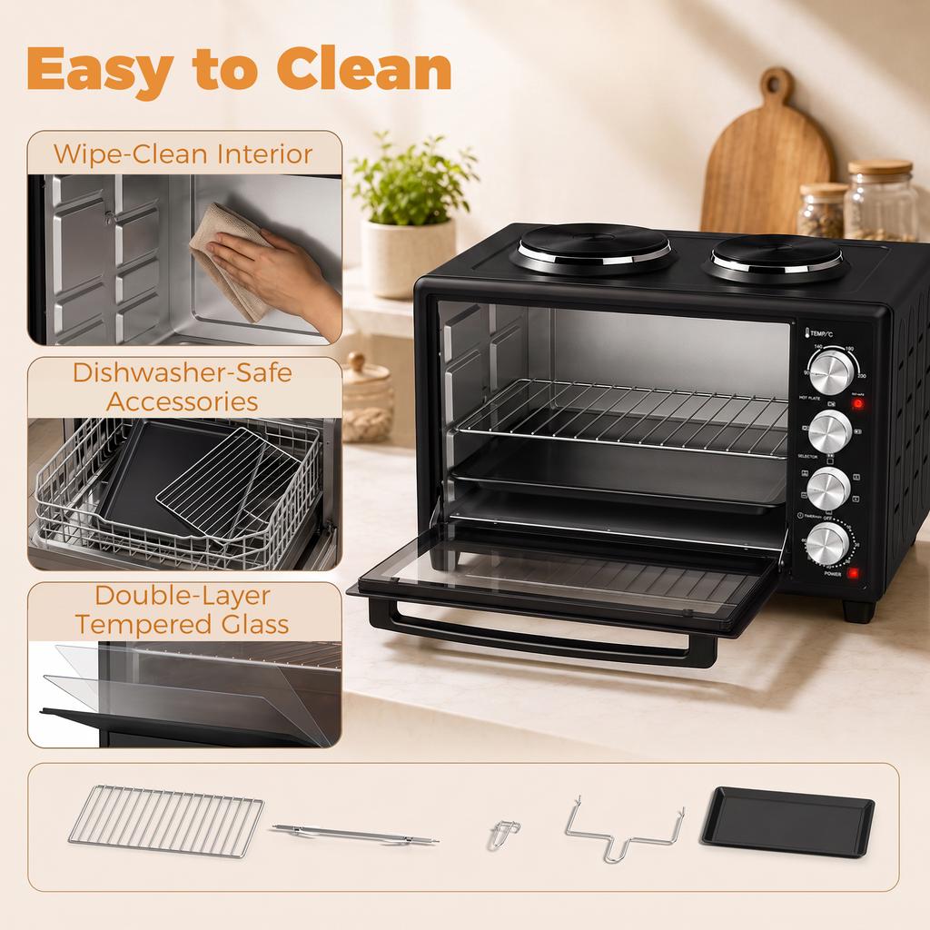 46L Mini Oven with Dual Hot Plates, Electric Countertop Cooker with Convection, 90–230 degrees C Adjustable Temperature