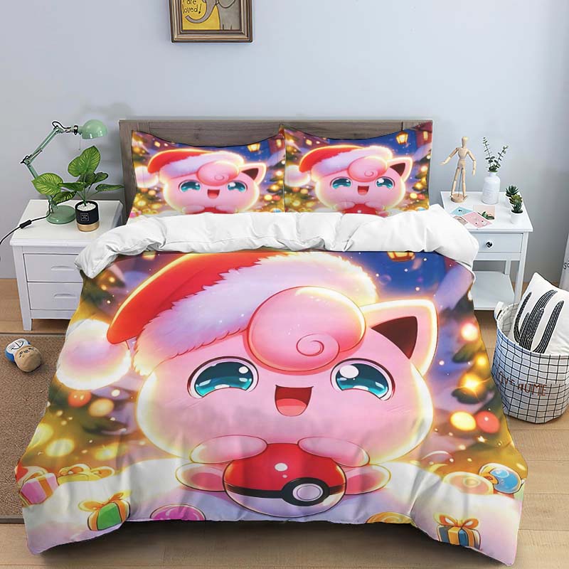 New Pokémon Jigglypuff print three-piece bedding set, including 1 duvet cover and 2 pillowcases, suitable for adults and childre