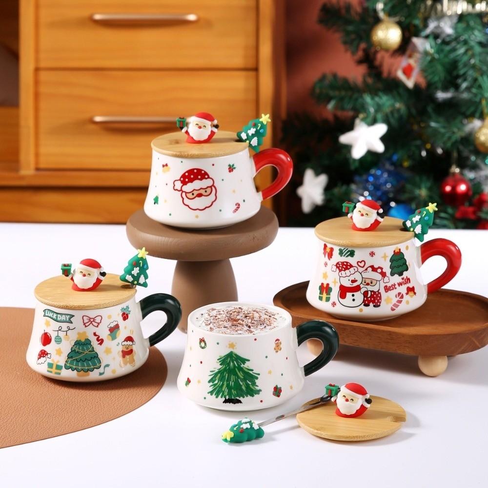 New Christmas Ceramic Mugs Xmas Tree Snowman Drinkware Sets Wooden Lid Gift Box Packaging Cup Spoon Kit Birthday Gifts