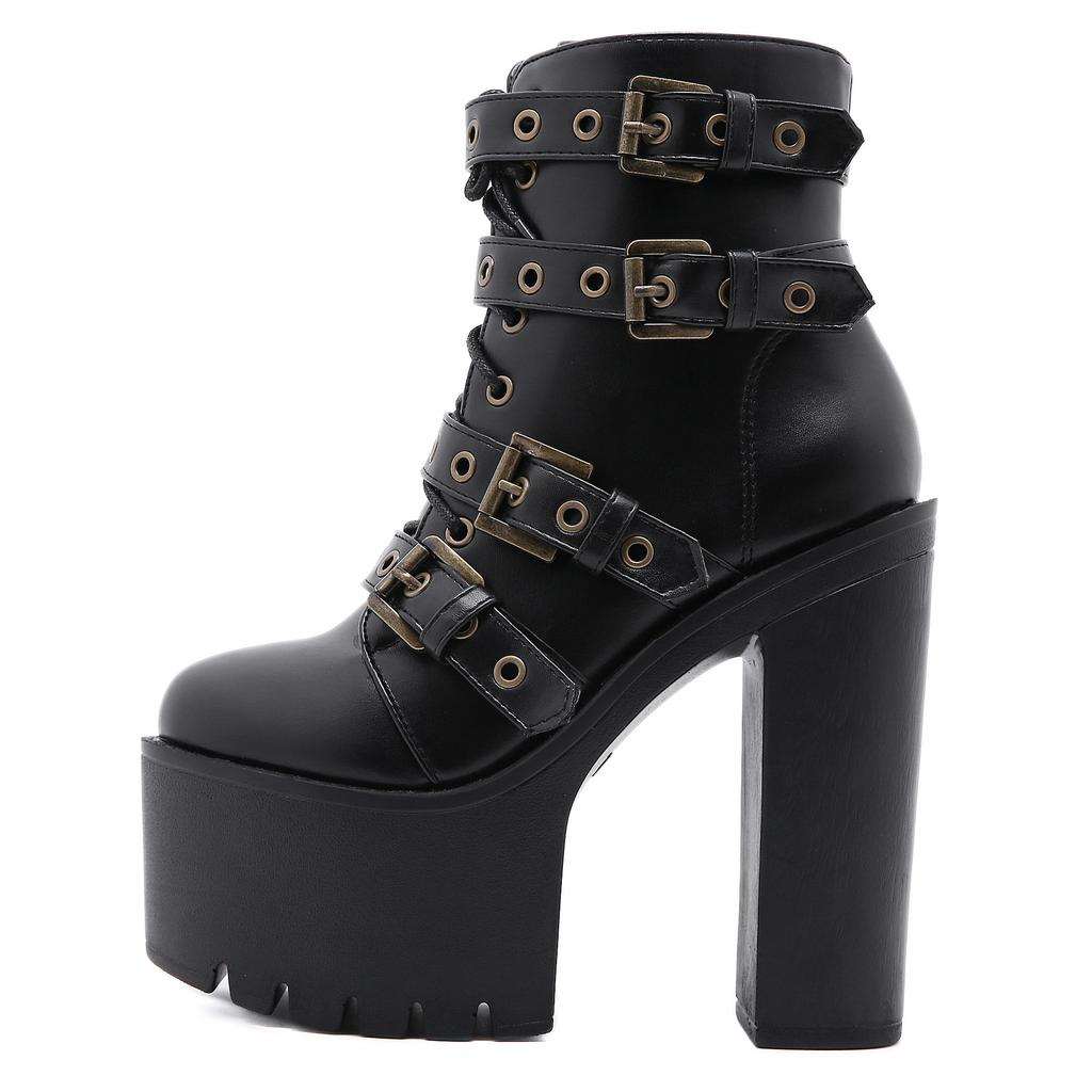 Fashion New Sexy Chain Women Leather Autumn Boots Block Heel Gothic Black Punk Style Platform Shoes Female Footwear High Quality