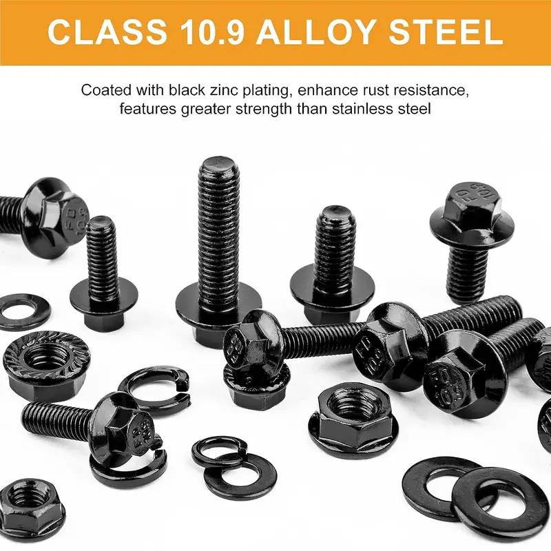 252pcs M6-1.0 M8-1.25 Flange Hex Head Bolt Nut Washer Kit 10.9 Grade Alloy Steel Black Zinc Plated