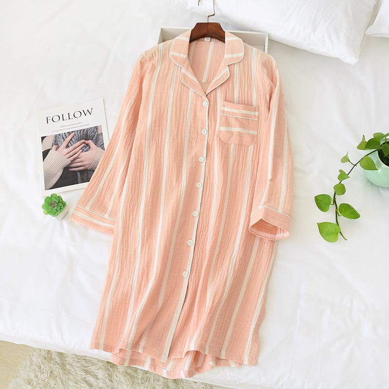 Spring and Summer New Long-Sleeved Nightgowns Cotton Women's Mid-Length Cotton Sleepshirts Home Stripe Knee-Length