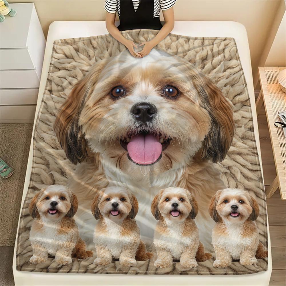 1Pc Lhasa Marejus Dog Print Flannel Blanket, High quality Comfortable for All Seasons, Home Decor, Warmth and Comfort, Perfect for Gifts