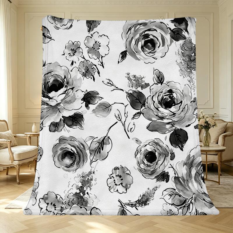 Soft Thick Flannel Blanket with Elegant Ink-Wash Floral Pattern, Warm Cozy for Home Bedroom Guest Room, Single Size, Ideal for Halloween & Christmas