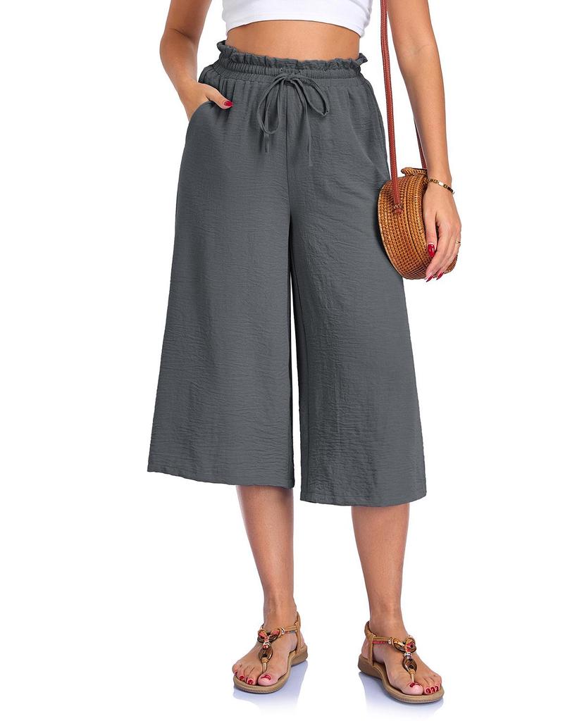 Women's Solid Color Wide-Leg Cropped Pants with Elastic Waistband and Pockets