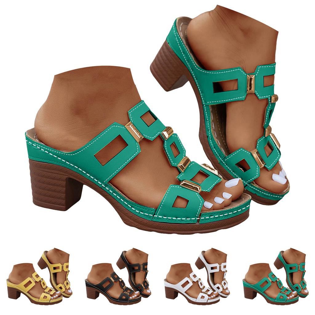 Chunky Heel Toe Women'S Slip Sandals Openwork Versatile Casual Solid Color Closed Toe Sandals Women Pretty Sandals For Women