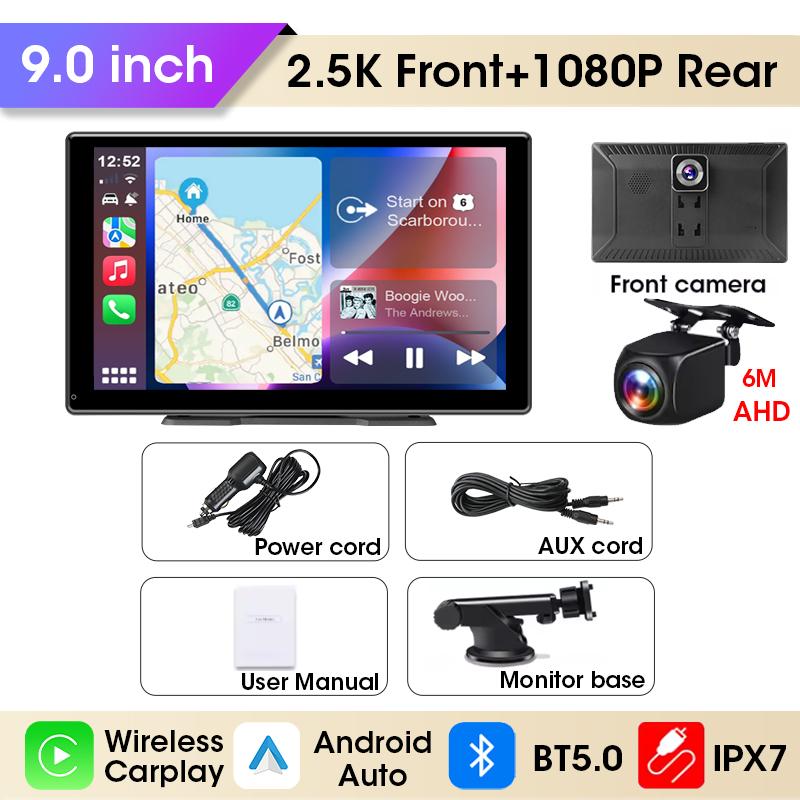 Srnubi 2.5K 9 inch Dash Cam Car DVR Wireless Carplay&Android Auto GPS Navigation Video Recorder Dashboard Dual Lens Wifi FM AUX