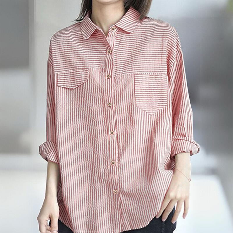 ZANZEA Camicetta da donna casual a maniche lunghe, larga, a righe classiche, con colletto rovesciato